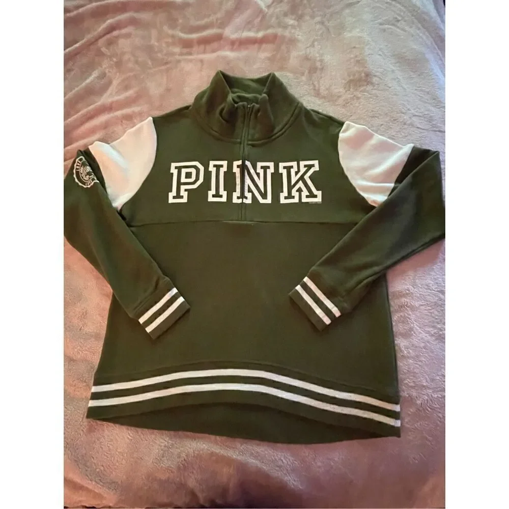 Victoria Secret Pink Olive Green 1/4 zip Pull over sweater Jacket Size XS - Picture 12 of 12